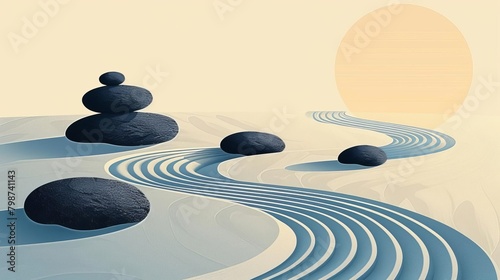 Illustration of a serene Zen garden with raked sand patterns and minimalist stones, suitable for a peaceful meditation space background