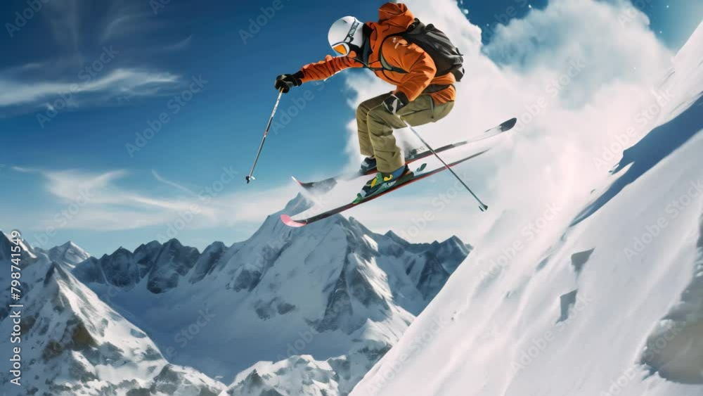 A man defying gravity as he flies through the air while riding skiis, Skier performing a jump on a snowy mountain slope A man defying gravity as he flies through the air while riding skiis, Skier performing a jump on a snowy mountain slope