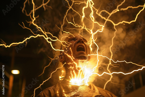 A man gets an electric shock, electricity courses through a body causing intense muscle contractions.