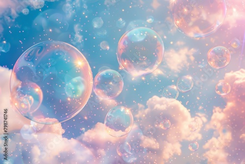 Whimsical soap bubbles float amongst pastel clouds in a dreamy skyscape, invoking a sense of wonder and imagination.
