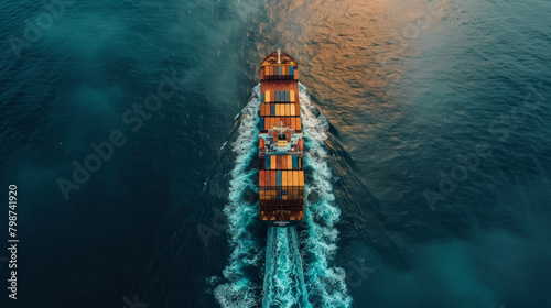 A cargo ship at sea in international waters, overhead view, navigating through the vast expanse of ocean.