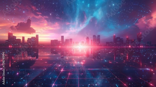 Futuristic cityscape with holographic buildings and neon lights under a starry sky