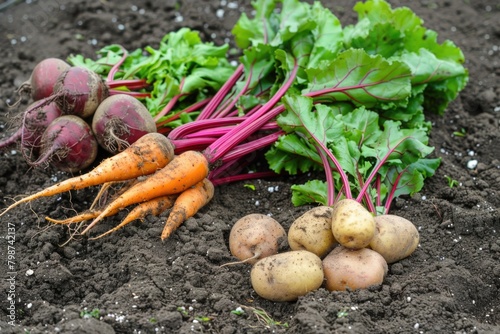 Vegetables Harvest. Autumn Harvest of Fresh Raw Carrot, Beetroot, and Potatoes in Garden Soil