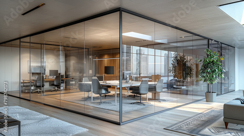 Glass partitioned design in contemporary office settings, promoting collaboration and natural light. photo