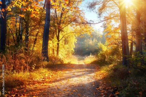 Autumn Forest Background. Scenic View of Sunlit Path in Nature Wooded Area