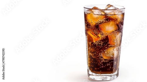 Glass filled with soda, ice, and oranges