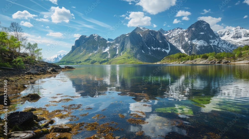 Springtime Mountains. Scenic View of Lake and Mountains on Senja Island