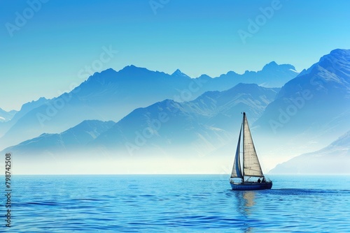 Blue Boat. Sailing Yacht in the Blue Ocean with Mountains in the Background