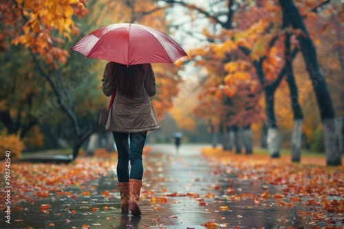 Autumn Day. Woman with Umbrella Walking in Beautiful Autumn Park on Rainy Day