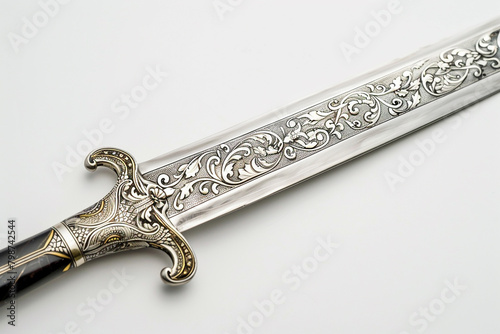 A sword adorned with intricate engravings, set against a white backdrop.