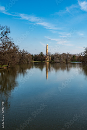 Zamecky rybnik pond with Minaret on the background in Lednicko-valticky areal in Czech republic
