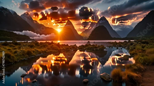 The sun paints a breathtaking sunset over a rugged mountain range, Sunrise over New Zealand's breathtaking Fiordland National Park photo