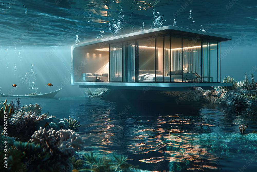 Underwater villas, surrounded by vibrant coral reefs and exotic marine life, epitomizing exclusive living beneath the waves.
