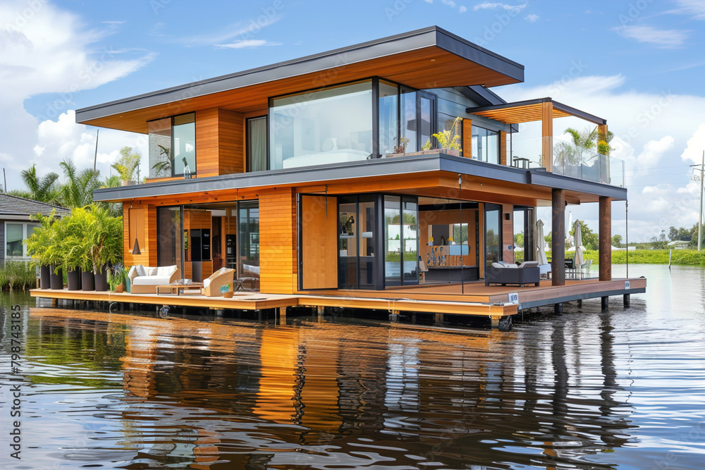 Modern floating homes, designed to withstand floods, showcasing resilient living on water with stylish, flood-resistant architecture.