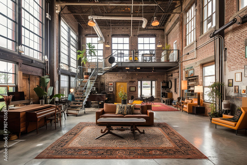 Transformation of abandoned warehouses into vibrant coworking spaces, fostering creativity amidst exposed brick walls and industrial aesthetics. photo