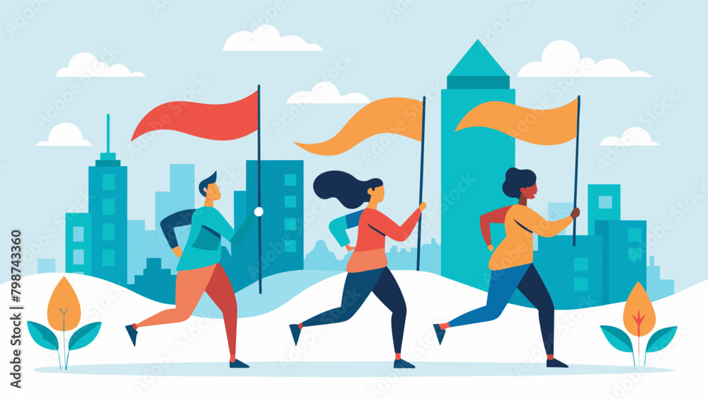 Obraz premium The gentle breeze carrying the sound of fluttering flags creating a beautiful symphony as the runners make their way through the city.. Vector illustration
