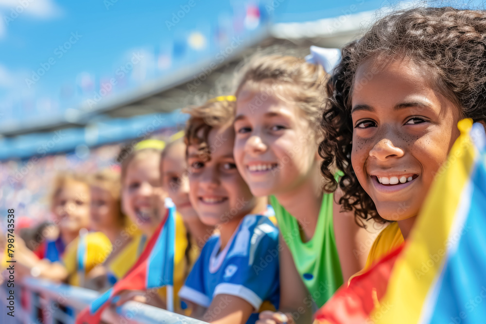 Group of happy children watching together a sports event in the stadium
