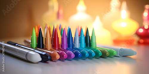 Bright crayons on a multicolored, paint-splattered surface on the shiny background 