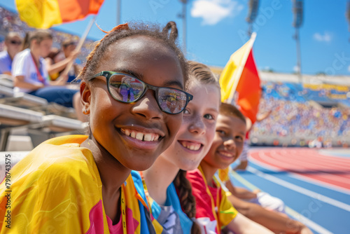 Group of happy children watching together a sports event in the stadium 