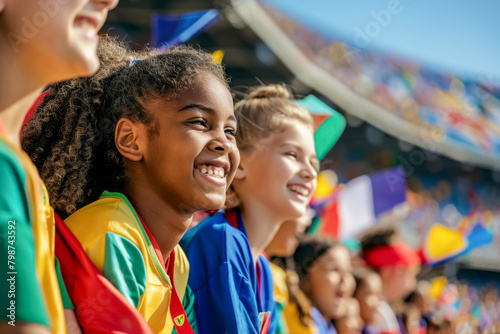 Group of happy children watching together a sports event in the stadium  © PixelGallery