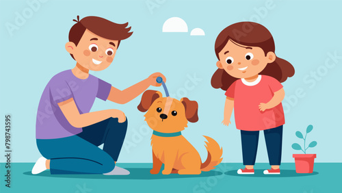 A little girl gently brushes her new puppys fur while her parents watch beaming with pride on their first Pet Care Day celebration.