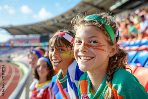 Group of happy children watching together a sports event in the stadium 