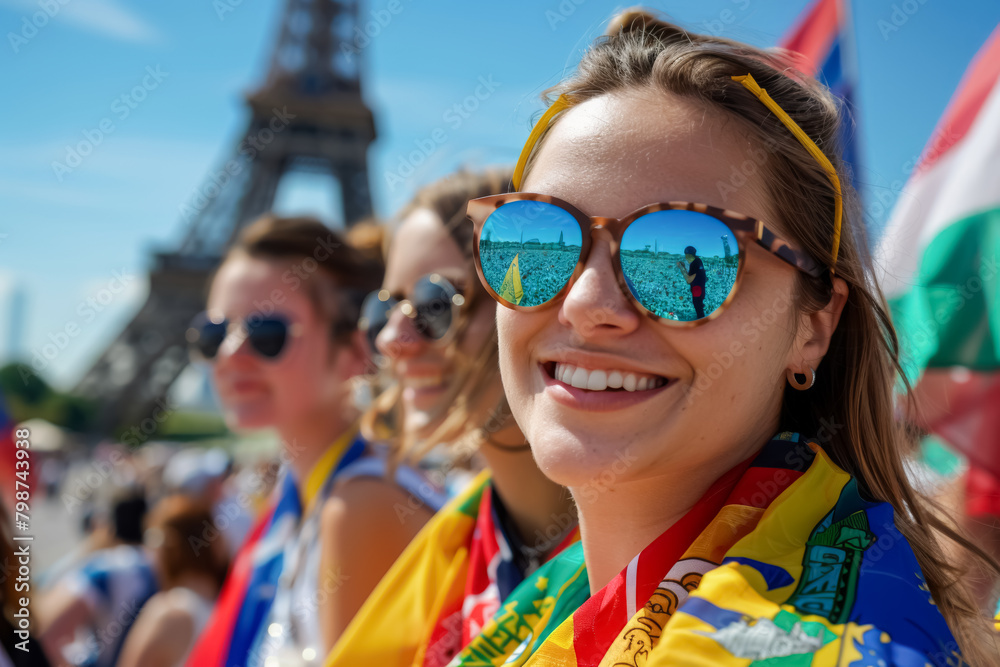 International fans from different countries celebrate the 2024 Olympic Games together in the streets of Paris. International fans from different countries celebrate the 2024 Olympic Games together in the streets of Paris.