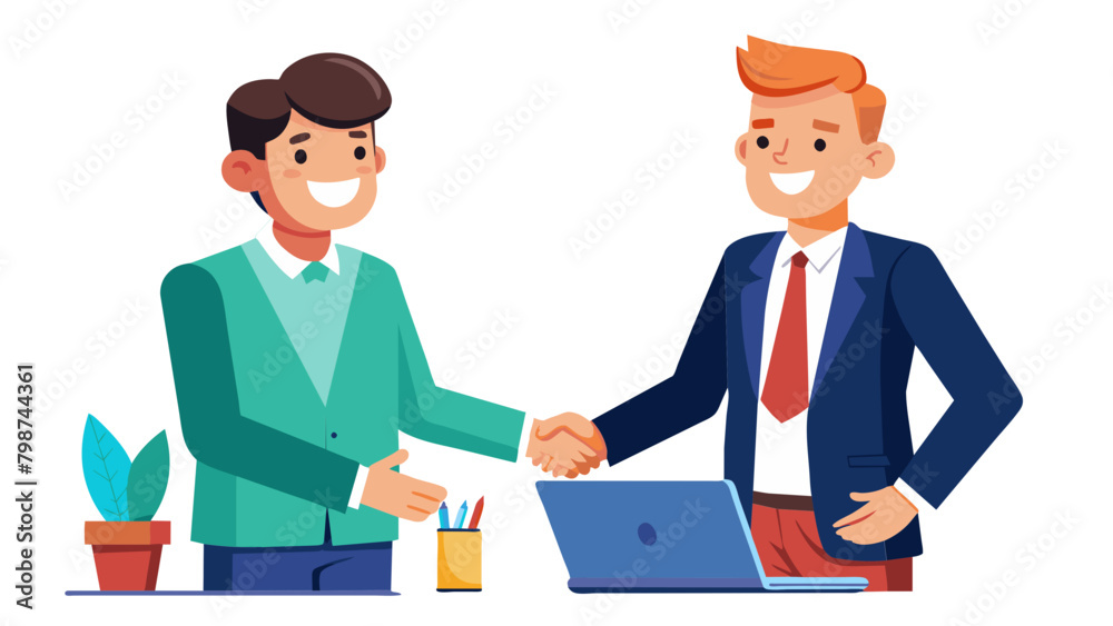 Smiling middle aged business man handshaking partner making partnership collaboration agreement at office meeting, simplistic flat vector illustration, isolated, no background Smiling middle aged business man handshaking partner making partnership collaboration agreement at office meeting, simplistic flat vector illustration, isolated, no background