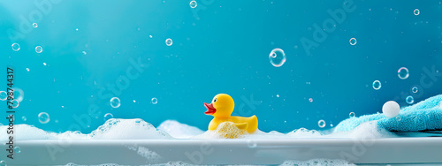 Duck in a foam bath. Selective focus.