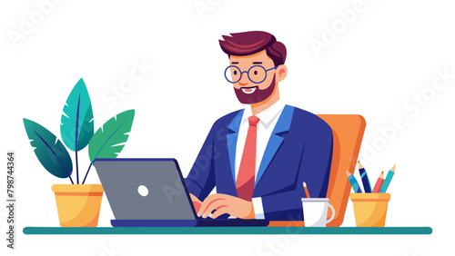 Middle aged busy professional businessman ceo writing notes learning online working in office. Mature male entrepreneur or executive sitting at work desk using laptop computer technology., simplistic