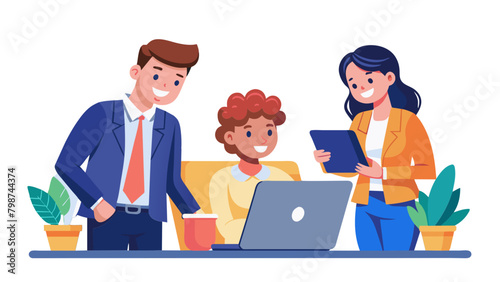 Professional happy busy male business man manager explaining corporate software helping young female employee at work looking at laptop. Busy diverse colleagues working together talking in office