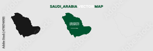 Saudi_Arabia Map Vector Pack. Map with Flag. Gray Map Silhouette. Gray Outline Map. Editable EPS file. 