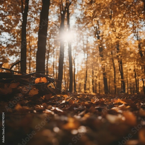 Majestic Autumn Forest  Vibrant Colors of Fallen Leaves Blanketing the Enchanting Woodland Floor