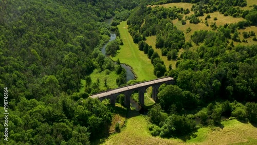 Headstone Viaduct aka Monsal Viaduct disused rail bridge now trail crossing Monsal Dale. Peak Distrtict National Park, England. Video pan up photo