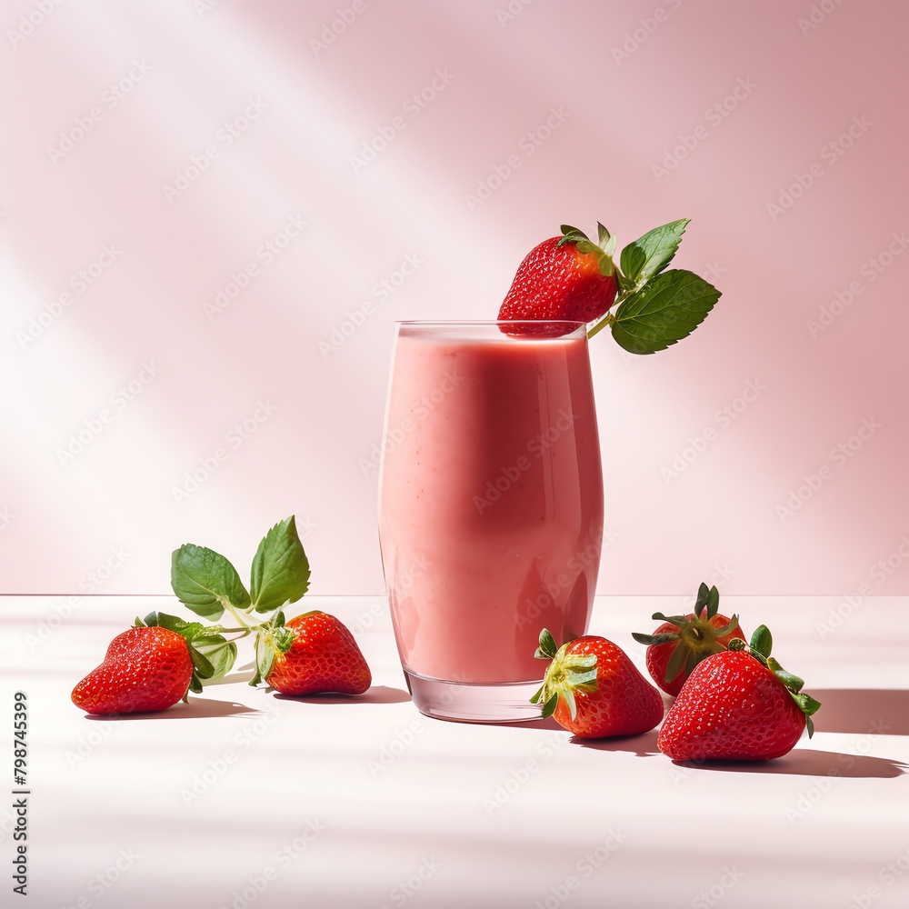 A glass of strawberry smoothie with whole strawberries floating on top, set against a light, airy background for a refreshing and healthy vibe A glass of strawberry smoothie with whole strawberries floating on top, set against a light, airy background for a refreshing and healthy vibe