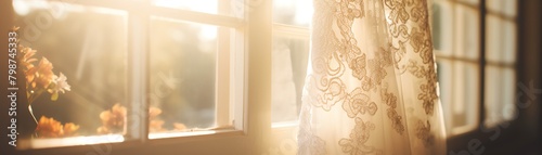 A brides lace wedding dress hanging in a sunlit window, capturing the exquisite details and anticipation of the wedding day photo