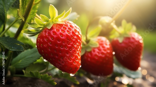A closeup of dewkissed strawberries in a lush field, with sunlight highlighting their vibrant red color and fresh green leaves