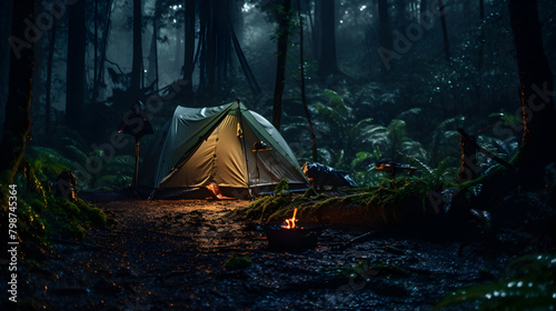 Rain on the tent in the forest tropic quiet calm atmosphere