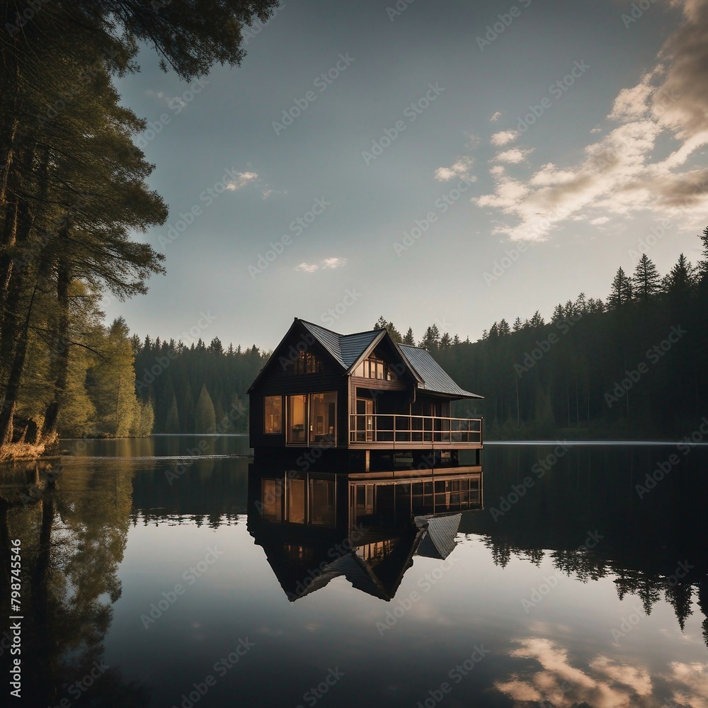 Obraz premium Serene Waterfront Living: Charming House on the Water with Tranquil Trees in the Background