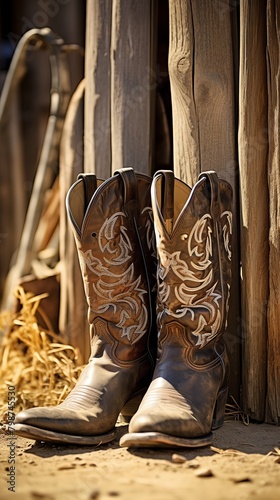 Closeup of a cowboys weathered boots and spurs against a wooden fence, symbolizing the enduring spirit and lifestyle of a cowboy
