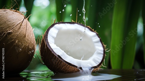 Closeup of a fresh coconut cut open to reveal the refreshing milk inside, set against a background of vibrant green palm leaves
