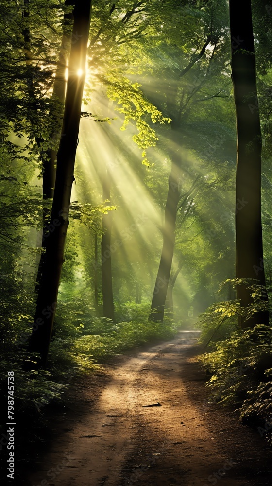 Dense forest with a small path winding through, highlighted by sunbeams piercing through the trees, capturing the essence of a secluded woodland