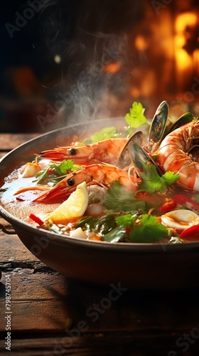 Closeup of a steaming bowl of Tom Yum soup with its rich, colorful broth and seafood, capturing the essence of traditional Thai flavors photo