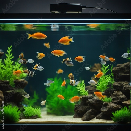 Aquatic Serenity: A Captivating Fish Tank with a Colorful Array of Beautiful Fish Engaging in their Underwater Haven