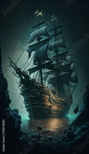 A Majestic Ship Sailing on the Ocean Waves under a Silver-Glowing Full Moon