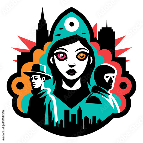 Captivating sticker showcasing a cityscape adorned with eye-catching street art and the silhouettes of fashionable individuals  conveying the edgy allure of urban street culture