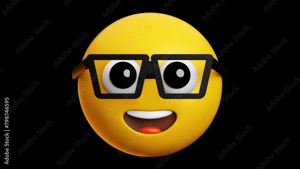 Smart face with glasses and closed eyes emoji, 3d emoticon animation, Alpha channel, Transparent video