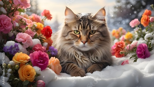  A photorealistic image of a cat sitting gracefully amidst a blanket of snow, surrounded by colorful flowers peeking through the snow-covered ground photo