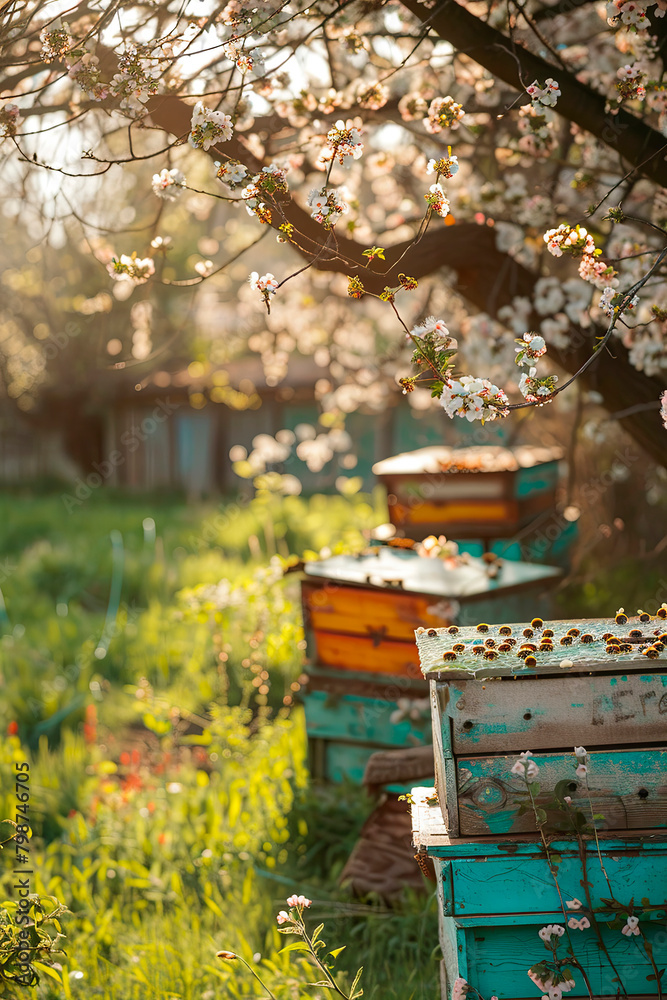Bee hives in a blooming garden. Selective focus. Bee hives in a blooming garden. Selective focus.