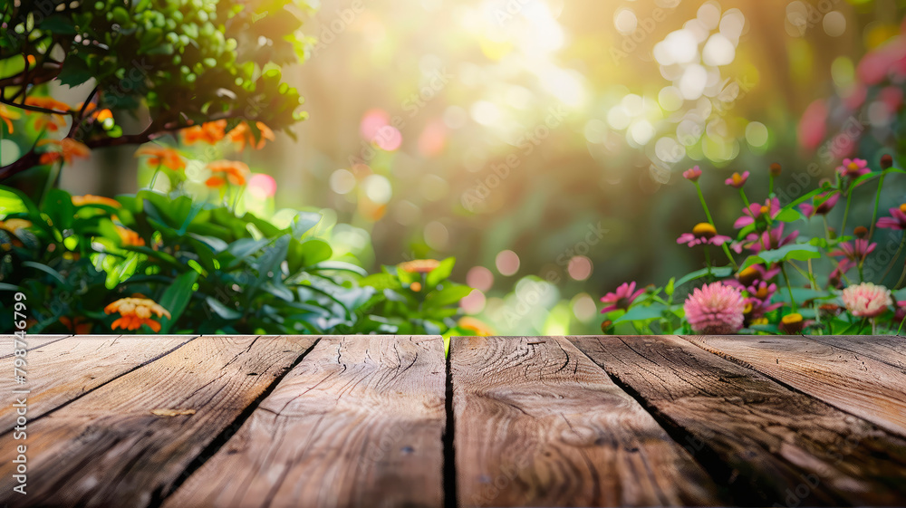 wooden table with copy space in the garden. Selective focus. wooden table with copy space in the garden. Selective focus.